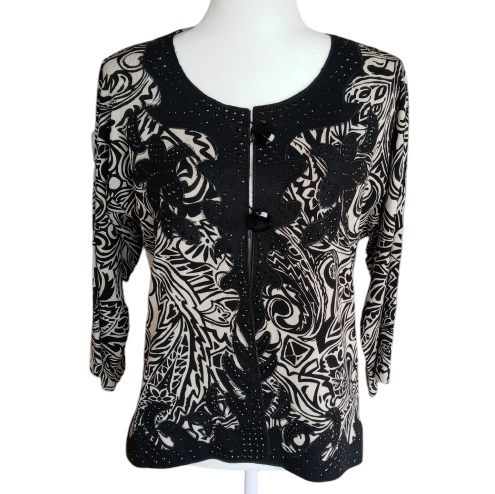 Chico's Black and Cream Printed Cardigan Sweater